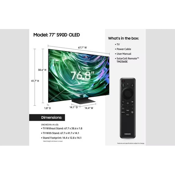 SAMSUNG 77” Class S90D OLED Smart TV QN77S90DAFXZA 2024